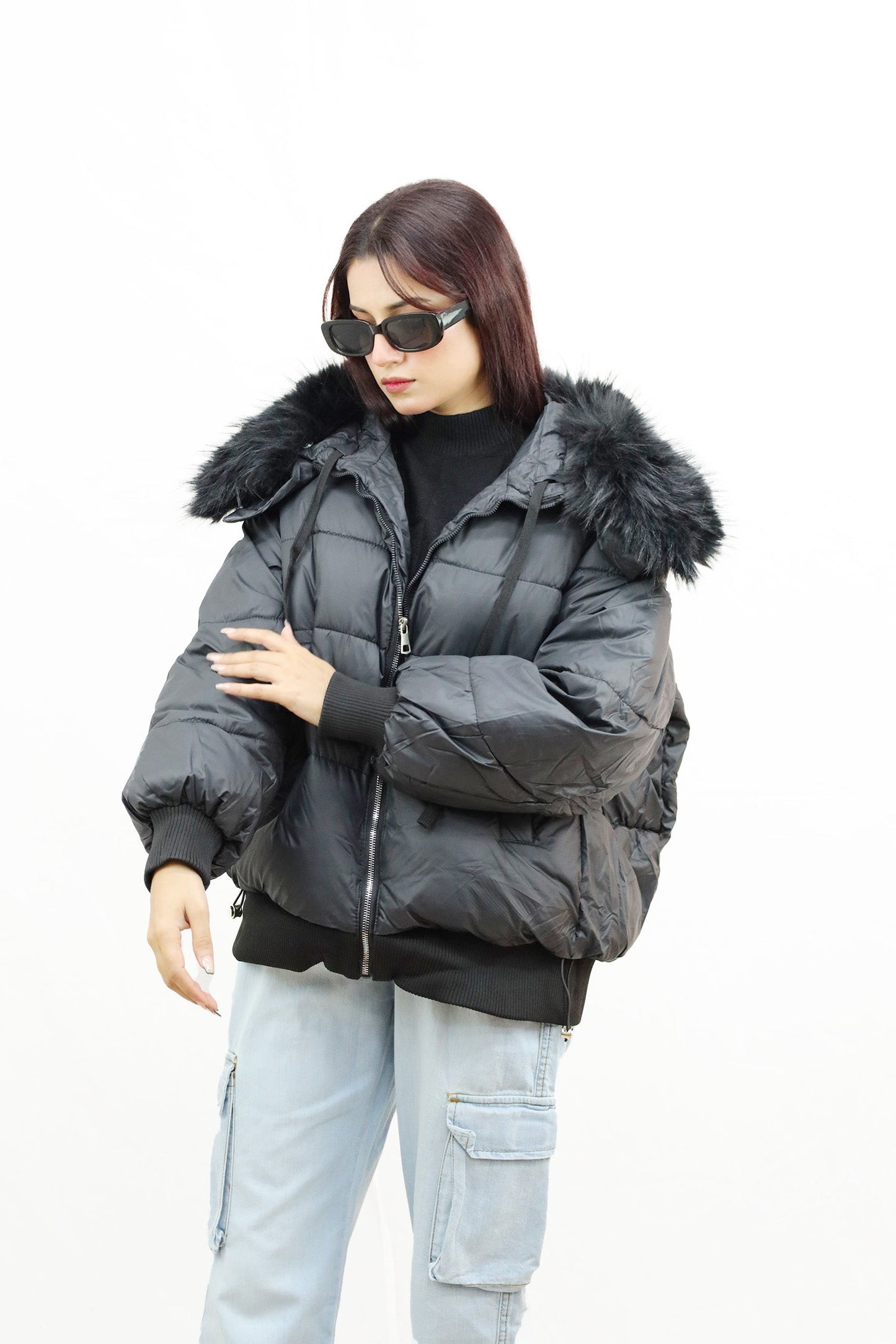 Trendy Fur Trim Bomber Women Imported Puffer Jacket